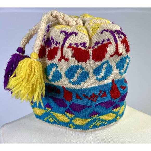 Murray Merkley Accessories - Vtg Murray Merkley Hand Knit Wool Ski Hat 80s Bright Resort Mountain